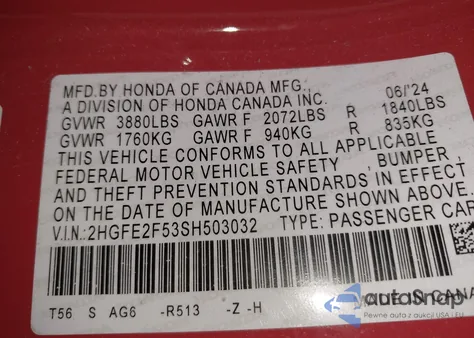 2025 Honda Civic Sport из США, поврежденный, VIN 2HGFE2F53SH503032